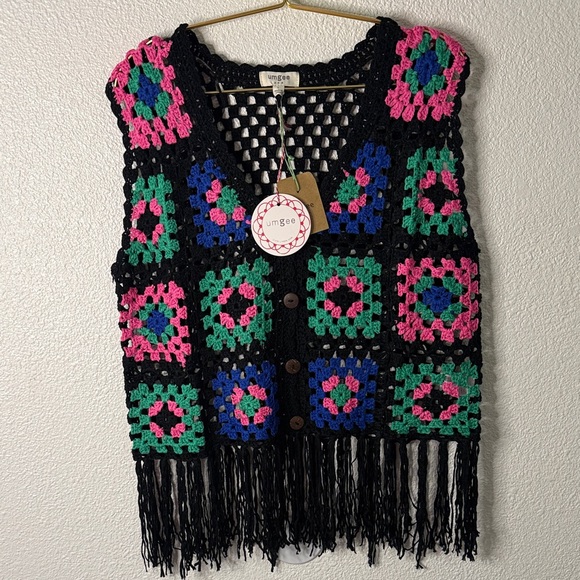 Umgee Jackets & Blazers - NWT- Umgee -Multicolor granny Square Crochet Fringe Vest- Large